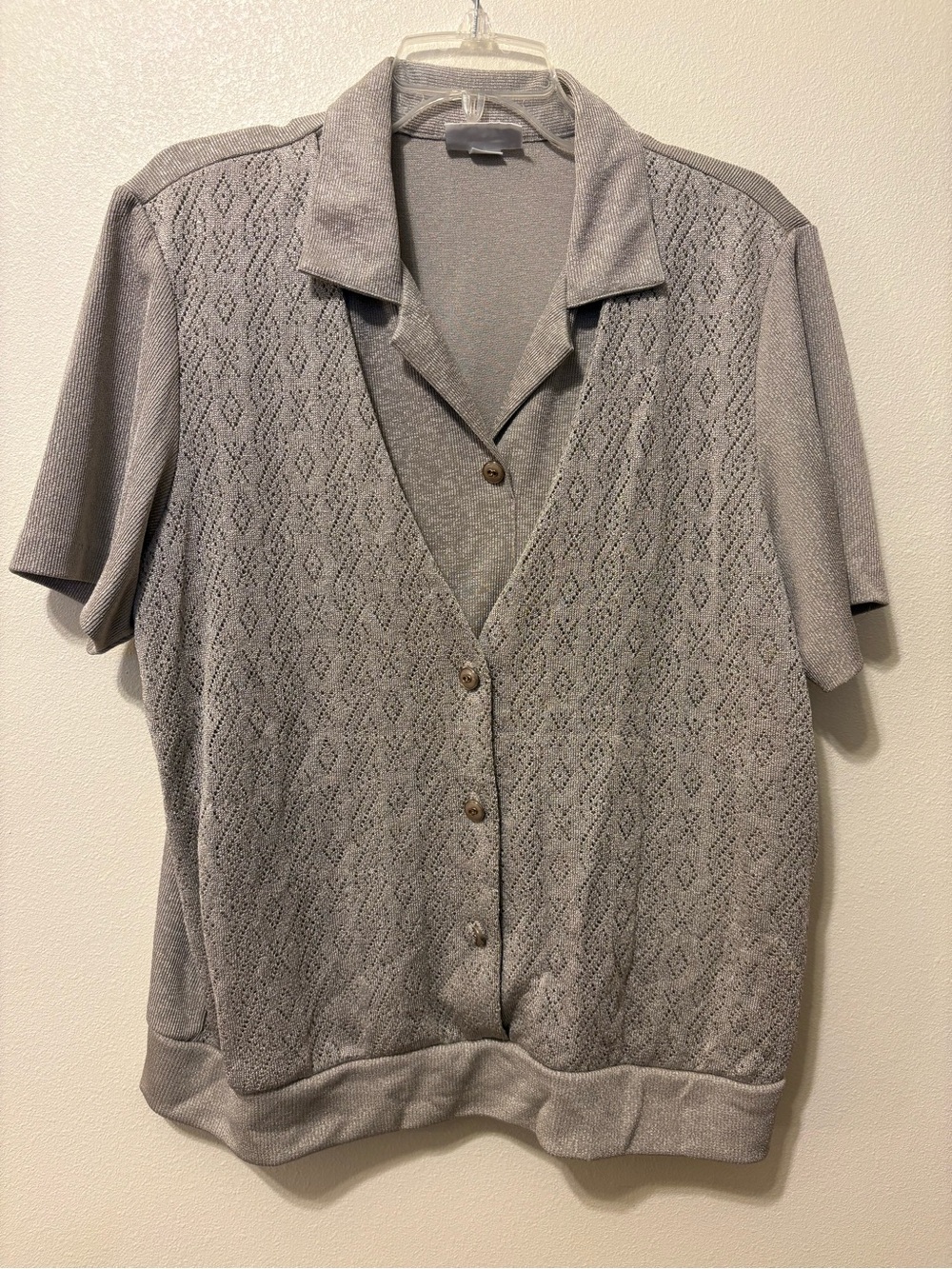 Alfred Dunner Light Gray Short Sleeve Knit Button Front Blouse